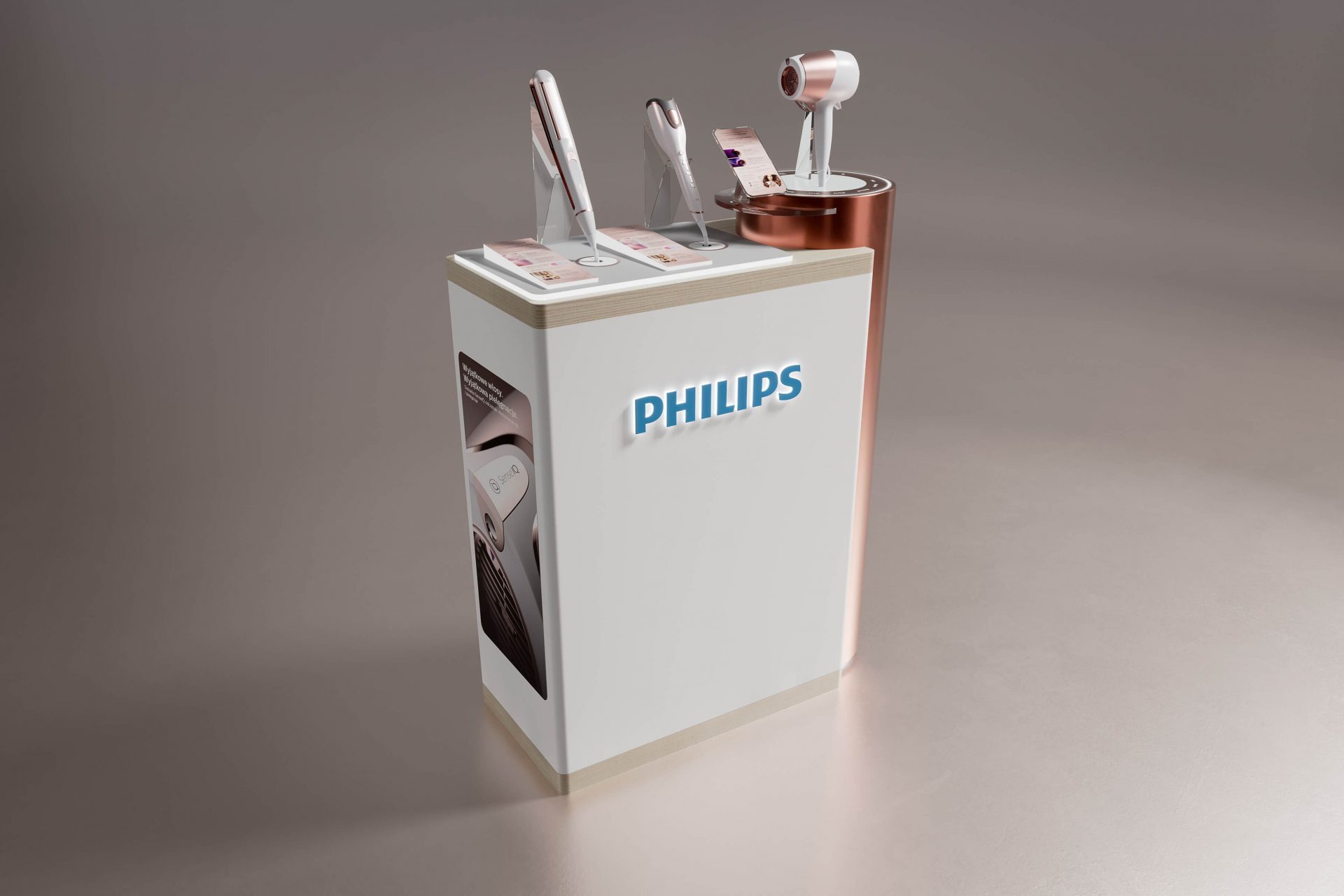 Projekt Wyspy prezentującej produkty z serii suszarejk do włosów Philips SenseIQ